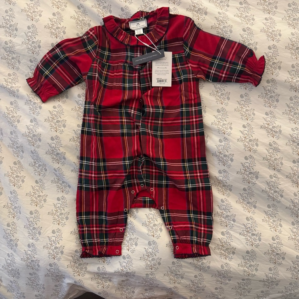 Petite Plume Baby's Brushed Twill Madeline Romper in Imperial Tartan BRAND NEW